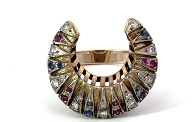 Antique Horse Shoe Ring - Ruby, Sapphire and Diamond - Platinum and Gold