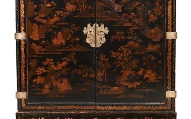 Antique Oriental Painted Black Lacquered Cabinet