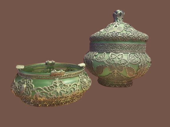 Antique Russian Glass Lidded Jar and Ashtray Green Glass | Silver plated | Late 19th Century (2) - Glass, Silver plated, Metal