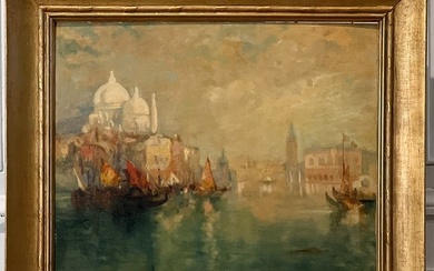 Antique Venice Scene Oil On Canvas Board