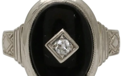 Art Deco Black Onyx Diamond 14K White Gold Ring