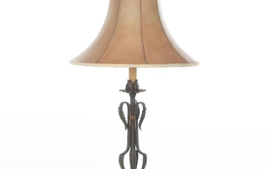 Art Nouveau Hand-Crafted Wrought Iron Table Lamp With Faux Leather Shade