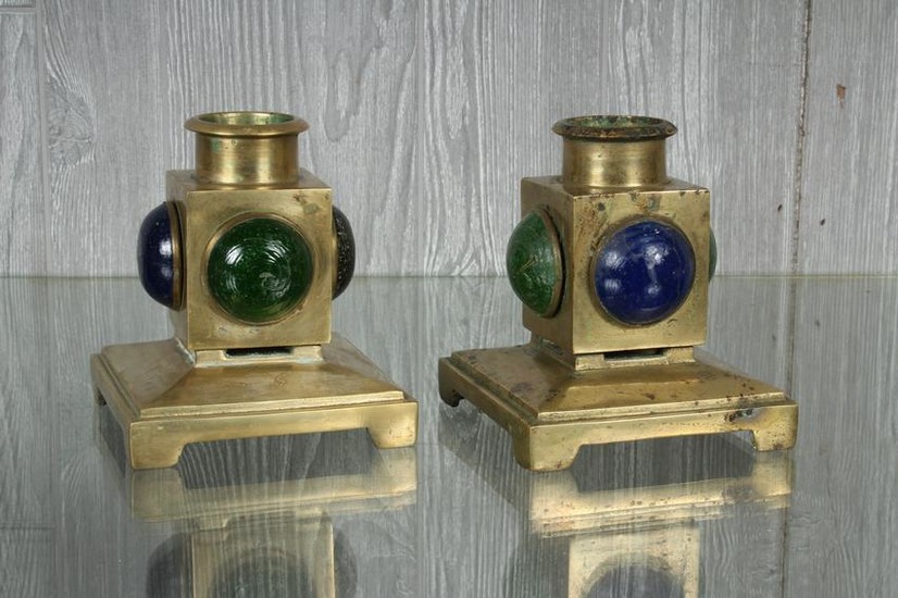 Arts and Crafts Style Glass Jeweled Candleholders