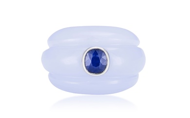 ***WITHDRAWN*** A SAPPHIRE AND CHALCEDONY RING, BY GABRI Set with a carved chalcedony of reeded...