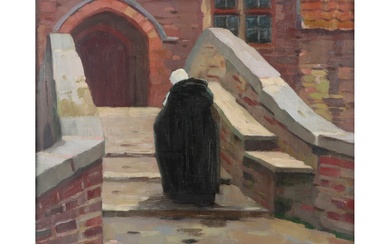 BELGISCHE SCHOOL - ca 1920 olieverfschilderij op doek : "Begijntje op brug"...