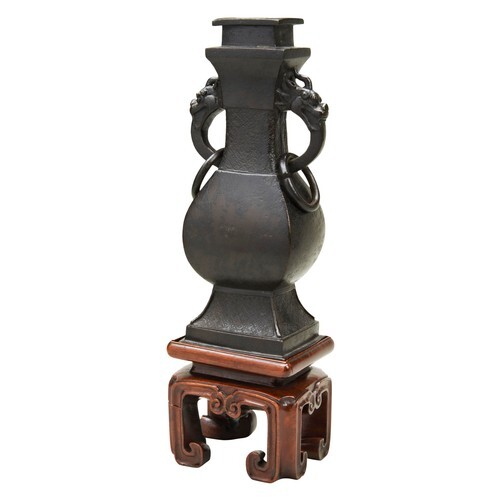 BRONZE DRAGON-HANDLED VASE ON FITTED HARDWOOD STAND YUAN / E...