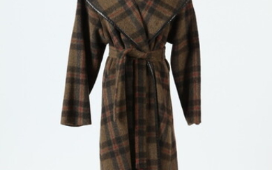 BROWN PLAID WOOL CAPE WITH BROWN LEATHER TRIM, size medium....