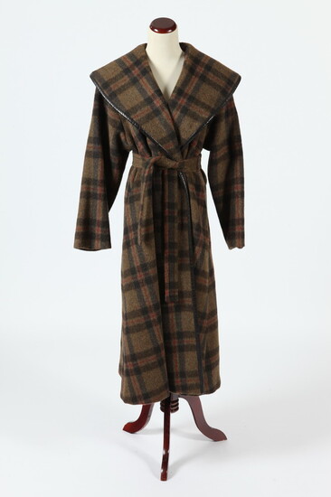 BROWN PLAID WOOL CAPE WITH BROWN LEATHER TRIM, size medium....