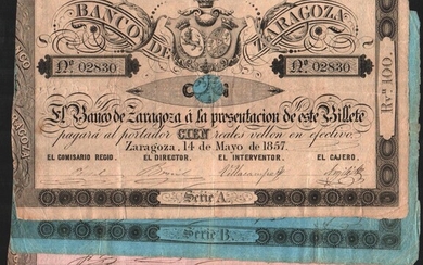 Banco de Zaragoza. 14 de mayo de 1857. 100 200 500 y 2.000 reales de vellón. Lote de 4