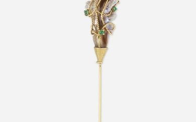 Baroque cultured pearl and emerald stickpin