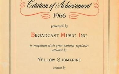 Beatles 1966 BMI 'Yellow Submarine' Certificate