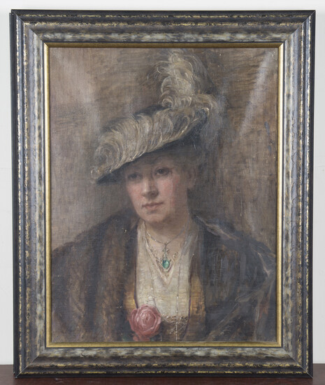 Bertha Dorph - Portrait of a Lady wearing a Plumed Hat, oil on canvas, signed and dated 1913, 63.5cm