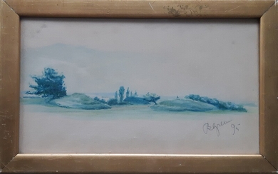 Bertha Dorph: Study in blue, landscape. Signed and dated B. Green 95. Watercolour on paper. Visible size 13.5×27.5 cm. Frame size 17×27.5 cm.