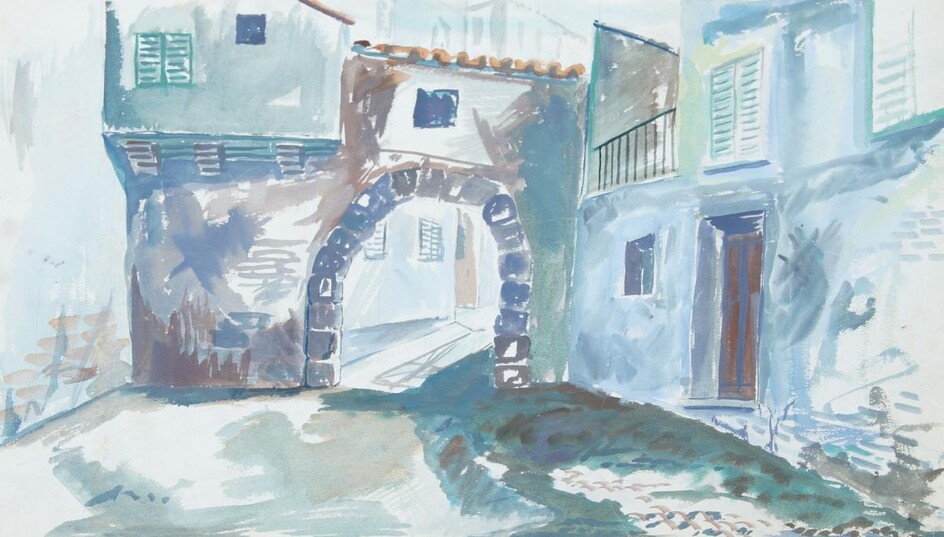 Brian Seaton, British, early-mid 20th century- Les caprices de Marianne, Acte II scene 2, Une Rue; gouache, signed and titled to the reverse: together with a large collection of watercolours and studies in coloured chalks and charcoal by the same...