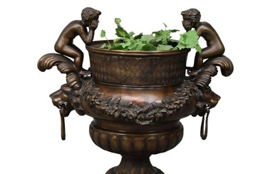 Bronze Jardinere With Figural Putti Handles, Fruit & Leaf Garland Around, Lion Head ring handles