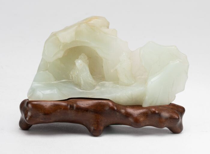 Brushrest - Jade - A Pale Celadon Carved Jade Mountain Brush Rest And Fitted Wood Stand - China - 18th / 19th Century