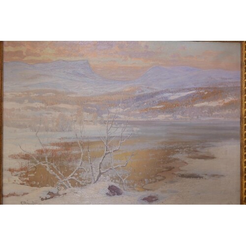 C. (Carl) Rundt, bleak winter fjord scene, signed, oil on ca...
