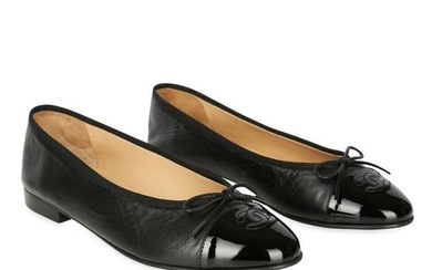 CHANEL BLACK BALLERINA FLATS Condition grade A-. Size 39.5. Black leather ballerinas with pat...