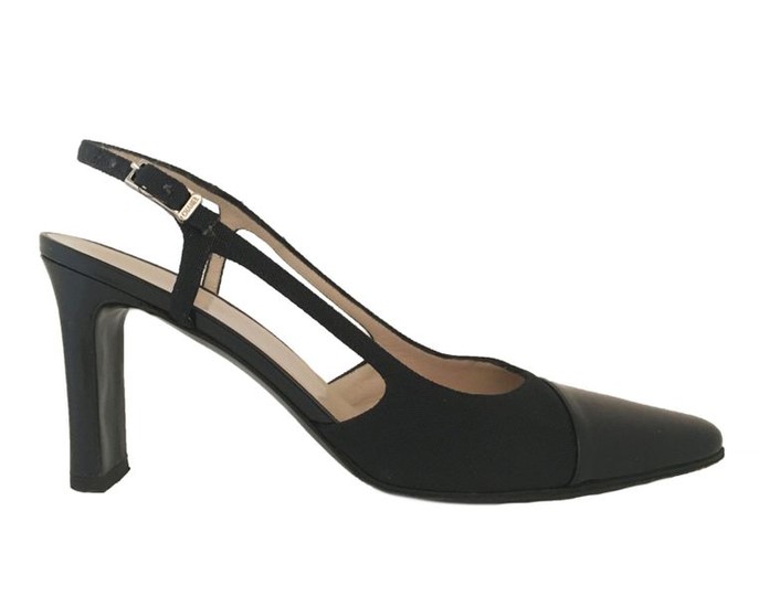 CHANEL. Black patent leather and canvas strappy pumps....