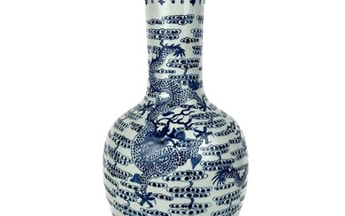 CHINESE BLUE AND WHITE PORCELAIN BOTTLE VASE 19th Century Height 17".