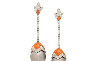 CULTURED TAHITIAN PEARL, CORAL AND DIAMOND EARCLIPS