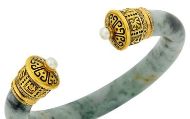 Cartier Gold, Jade, Cultured Pearl and Black Enamel Bangle Bracelet, France