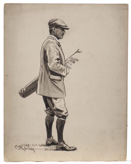 Charles Napier Ambrose, Major A J Turner RA; brush and black ink and wash on grey coloured paper, signed, inscribed on the reverse in pencil, 29 x 22.5 cm: together with five other drawings/original artworks for illustration of golfers and golfing...