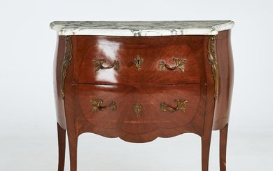 Chest of drawers, early 20th century, Rococo style, mahogany veneer, marble top, pull handles and brass key plates.
