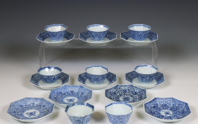 China, a set of blue and white porcelain octagonal 'lotus' cups and two sets of saucers, 18th century