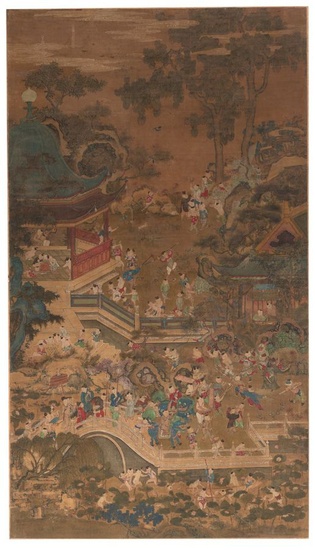 Chine, 18e siècle.176,8 x 100,8 cm, R.Jardin du palais avec cent enfants qui jouent. Encre...