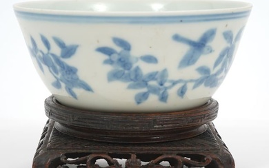 Chinese Blue & White Bowl Carved Wood Stand