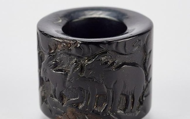 Chinese Carved Wood Archery Ring w/ Rams