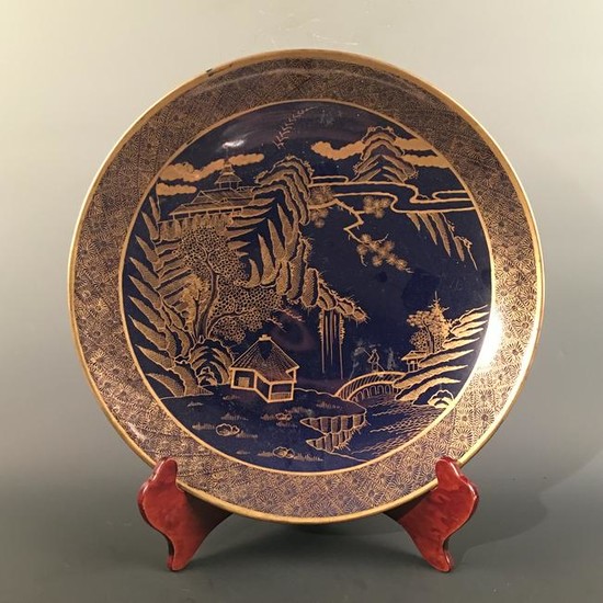 Chinese Gilt Blue-White 'Landscape' Plate