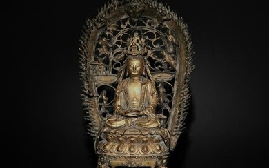 Chinese Gilt Bronze Buddha with Throne and Torana, Ming