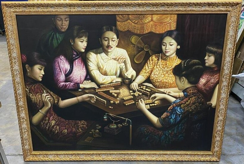 Chinese Oil Painting on Board of a Player Depicting a