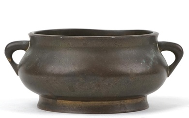 Chinese patinated bronze censer with twin handles, six figur...
