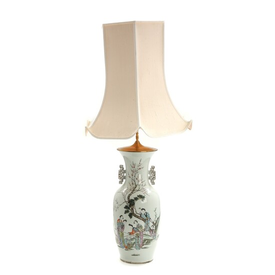 NOT SOLD. Chinese porcelain table lamp, decorated in colours and gold with ladies in a...