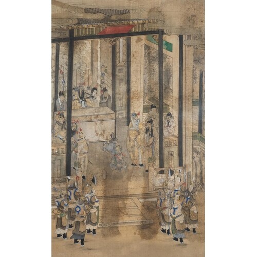 Chinese school, ink and color on silk: 'Palace scene with so...