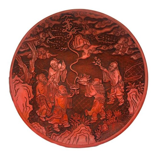 Cinnabar lacquer plate decorated in relief with a scene