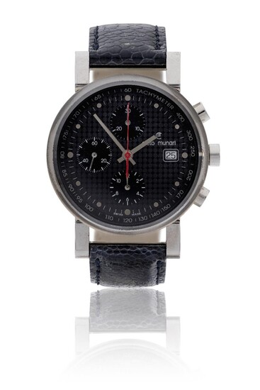Cleto Munari. A stainless steel automatic chronograph calendar wristwatch, recent the textured matt black dial with applied luminous hour markers, subsidiary dials for running seconds, 30 minute and 12 hour recording, calendar aperture at 3, red...