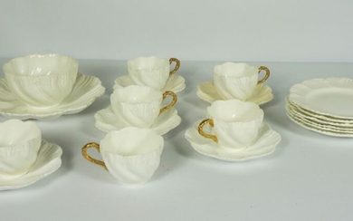 Coal Port White and Gold Leaf Tea Service circa 1962, moulded with scrolls, comprising six teacups