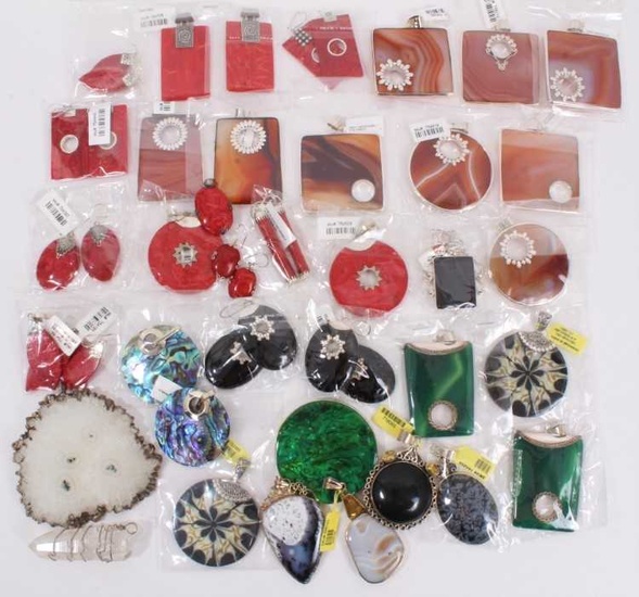 Collection of silver mounted large semi precious stone, shell and other pendants and some matching pairs of earrings