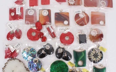 Collection of silver mounted large semi precious stone, shell and other pendants and some matching pairs of earrings