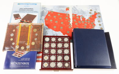 Collection with modern World coins and tokens in wooden cassette...