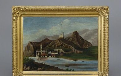 Continental School Folk Art Landscape Painting, c1890