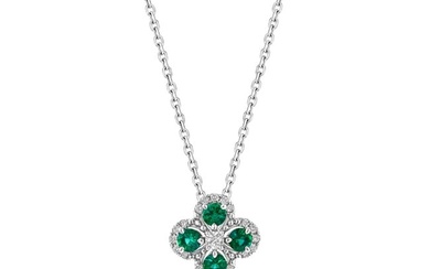 Created Emerald And Diamond Clover Pendant In 14k White Gold 1/10ctw 16-17-18 Inch Adjustable Chain