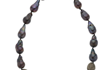 Cultured Pearl, Diamond, Silver Necklace The necklace is composed...