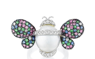 Cultured Pearl and Multi-Gemstone Bumble Bee Ring