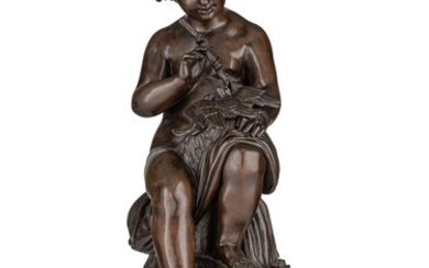 Cyprien Venot François, a patinated bronze sculpture of a putto with doves, H 42 cm...