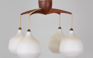 DANISH MODERN TEAK AND FROSTED GLASS FOUR-LIGHT CEILING FIXTURE, BY UNO AND OSTEN KRISTIANSSON FOR LUXUS CHANDELIER